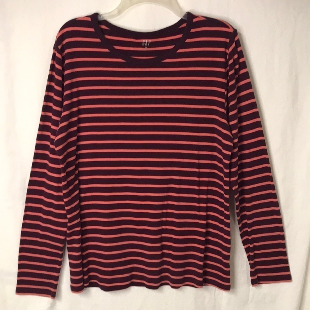 GAP Women’s Striped Tee Wine/Peach XXL Long Sleeves Crew Neck EUC Fall